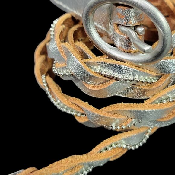 Banana Republic Silver Braided Skinny Belt Leather Metallic Embellished One Size - Picture 7 of 13